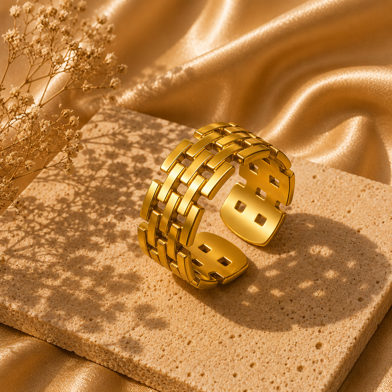 Open Weave Adjustable Ring, 18K Gold Plated Steel