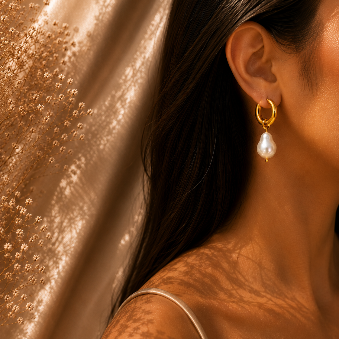 Pearl Drop Hoop Earrings – 18K Gold Plated Stainless Steel