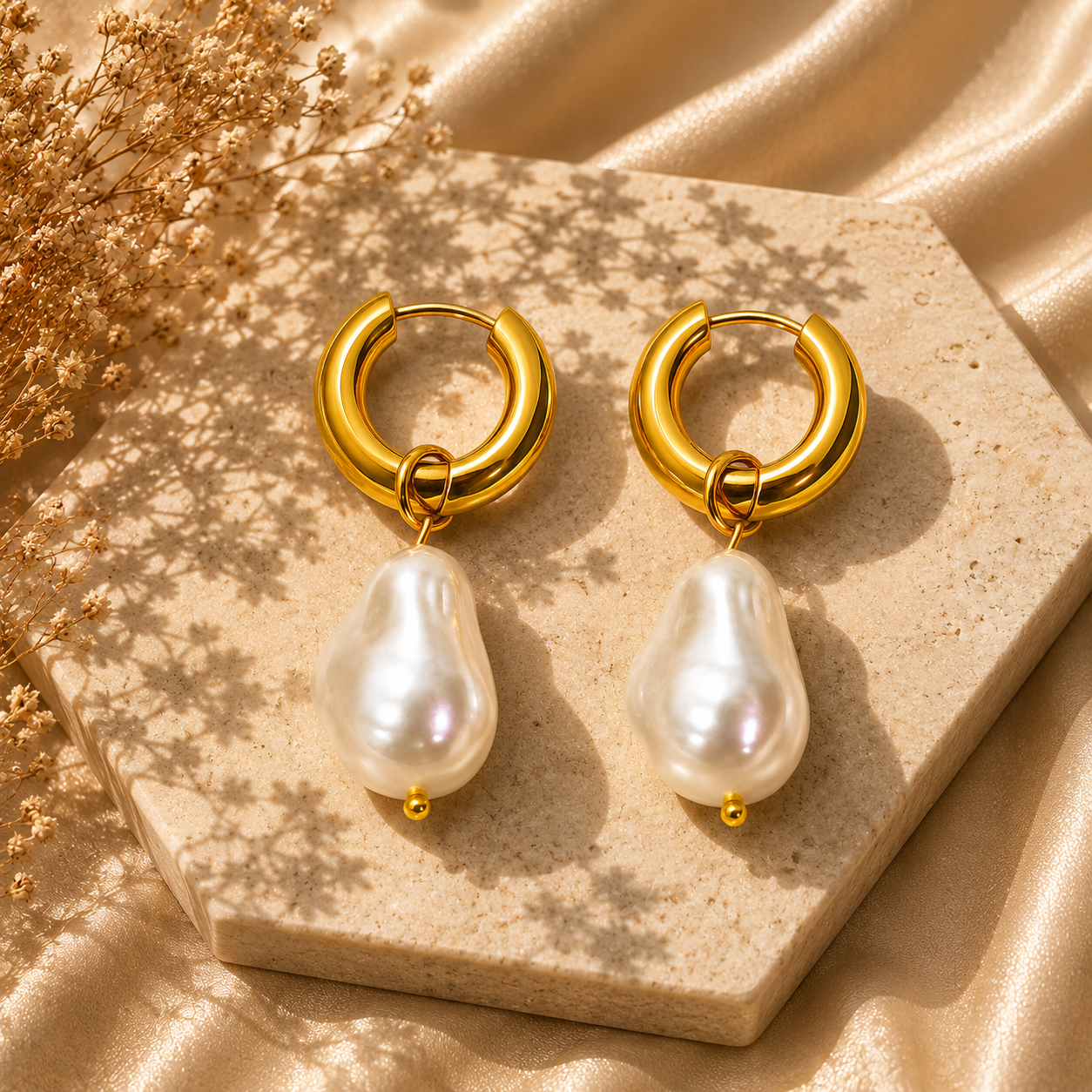 Pearl Drop Hoop Earrings – 18K Gold Plated Stainless Steel