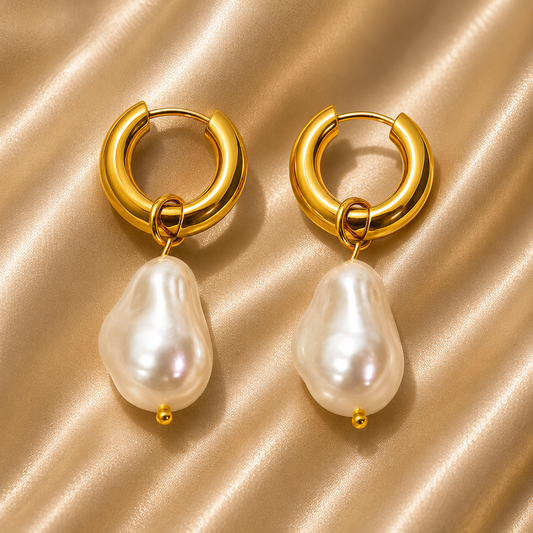 Pearl Drop Hoop Earrings – 18K Gold Plated Stainless Steel