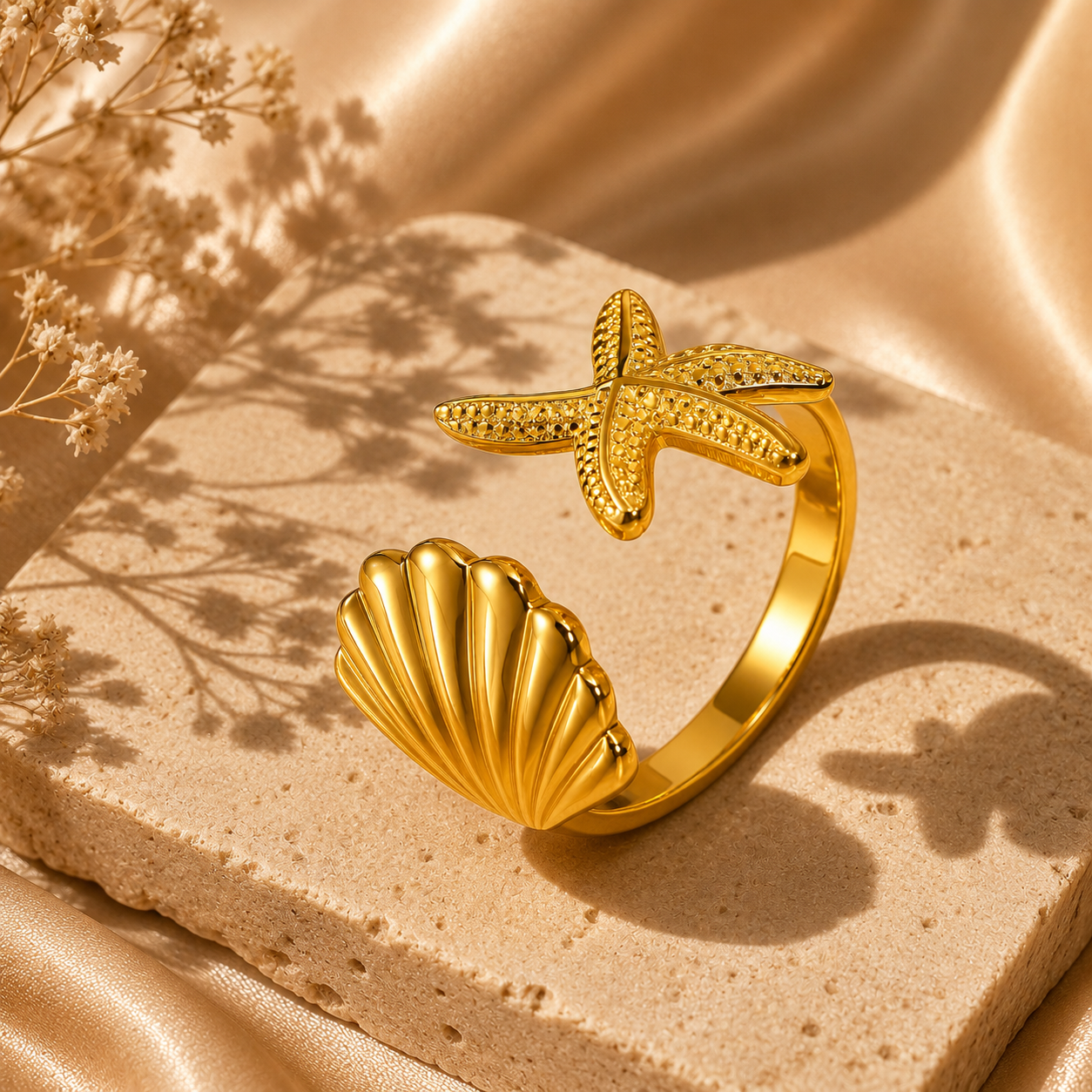 Starfish & Seashell Adjustable Ring – 18K Gold Plated Stainless Steel