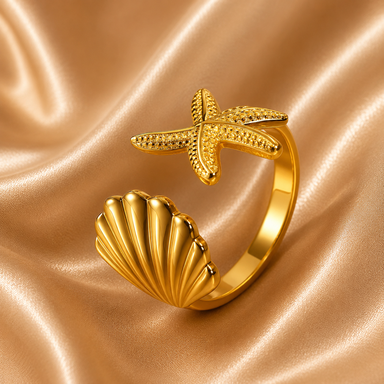 Starfish & Seashell Adjustable Ring – 18K Gold Plated Stainless Steel