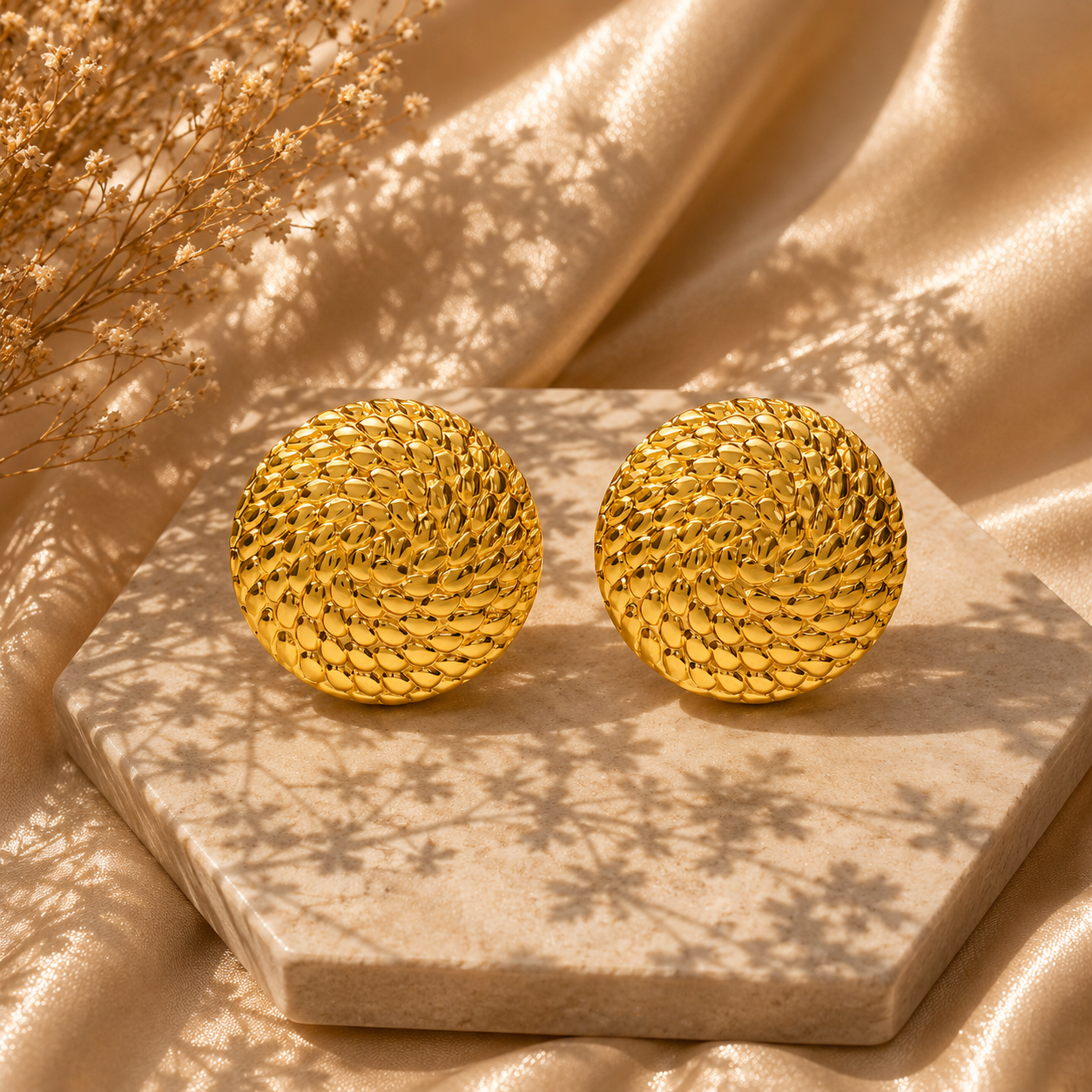 Textured Disc Stud Earrings – 18K Gold Plated Stainless Steel