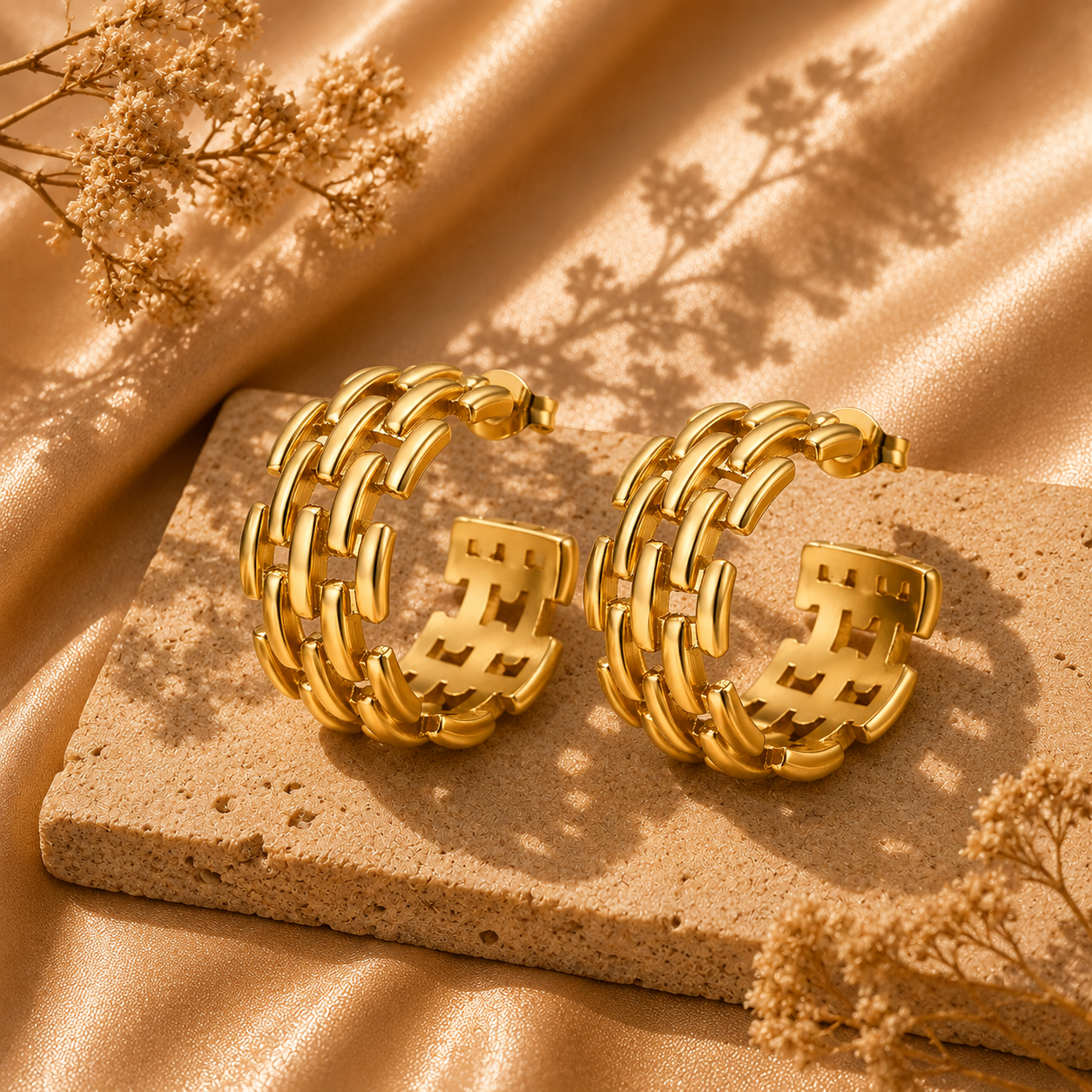 Woven Hoop Stud Earrings – 18K Gold Plated Stainless Steel