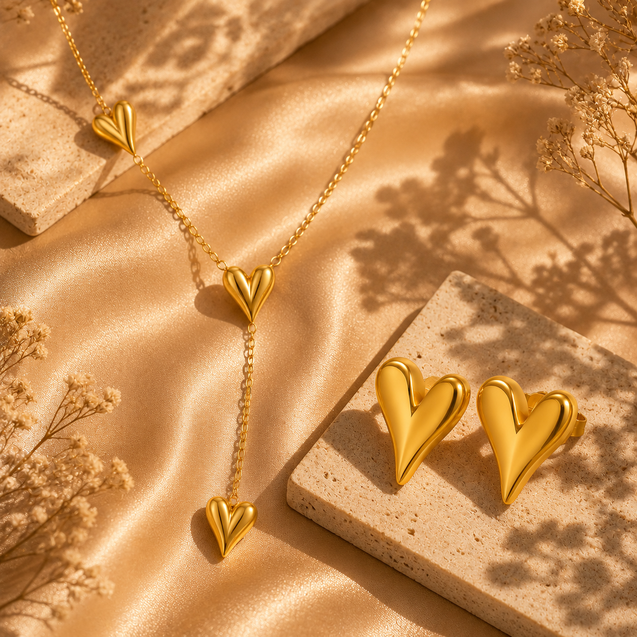 Heart Necklace & Stud Earrings Set – 18K Gold Plated Stainless Steel