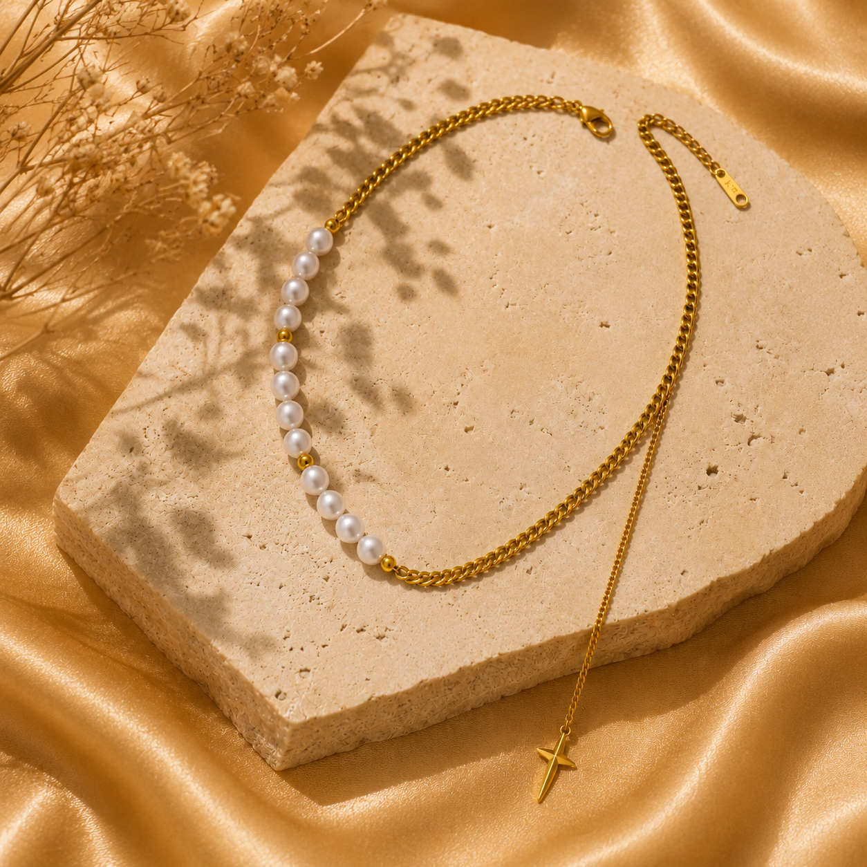 Pearl Cross Necklace – 18K Gold Plated Steel