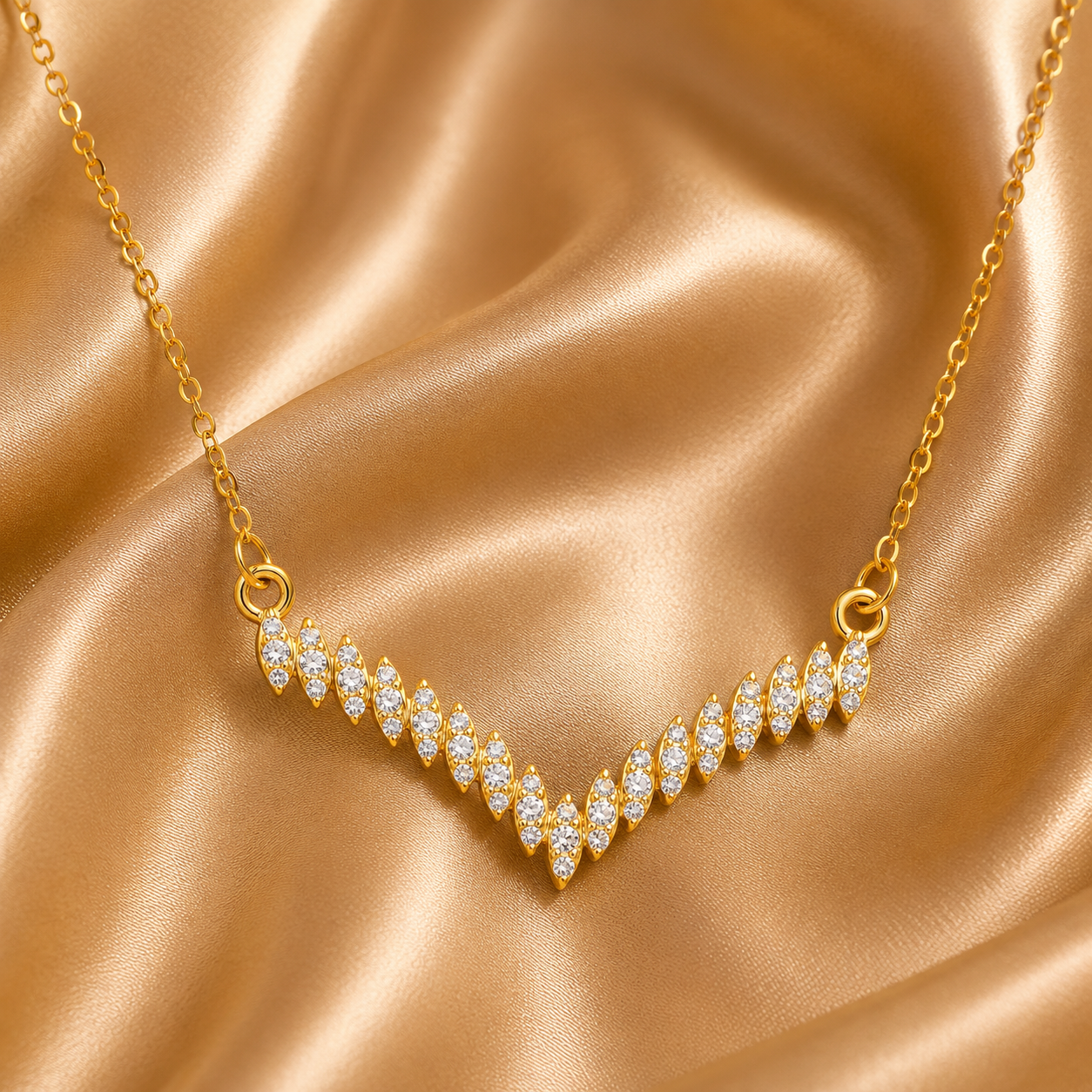 V-Shape Crystal Necklace, 18K Gold Plated Steel