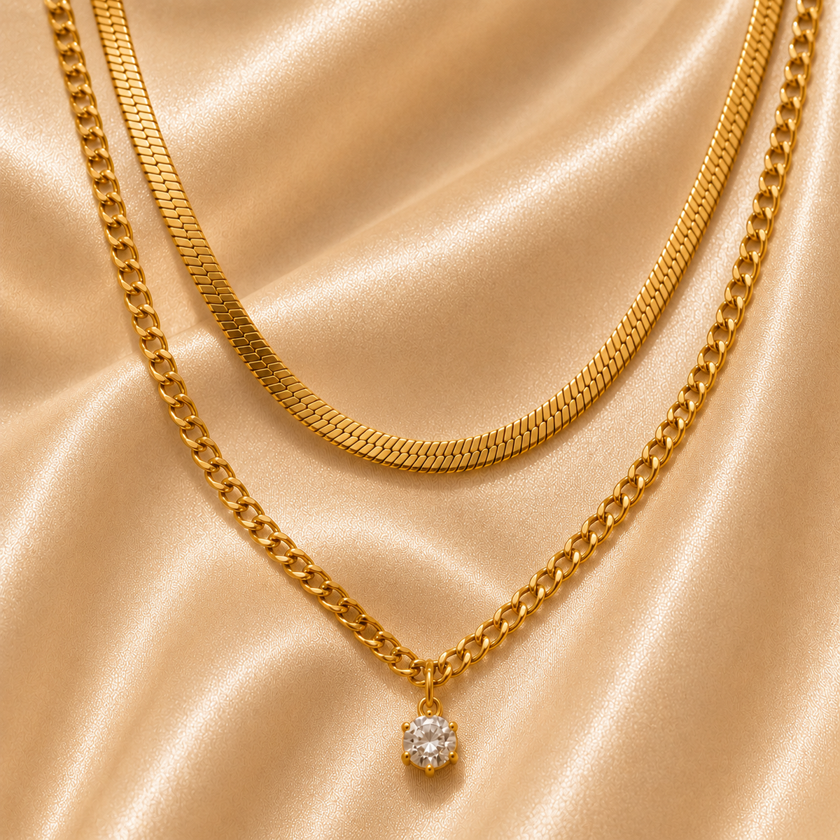 Double Layer Solitaire Necklace – 18K Gold Plated - A B R O M É
