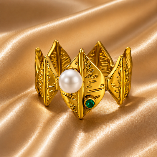 Pearl Leaf Adjustable Ring – 18K Gold Plated Stainless Steel
