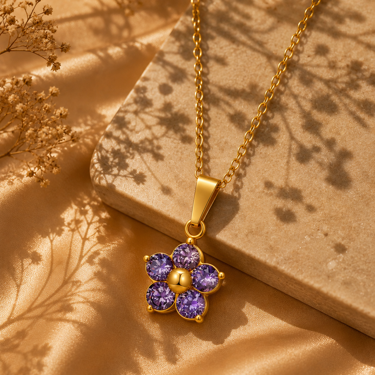 Purple Flower Necklace – 18K Gold Plated Stainless Steel