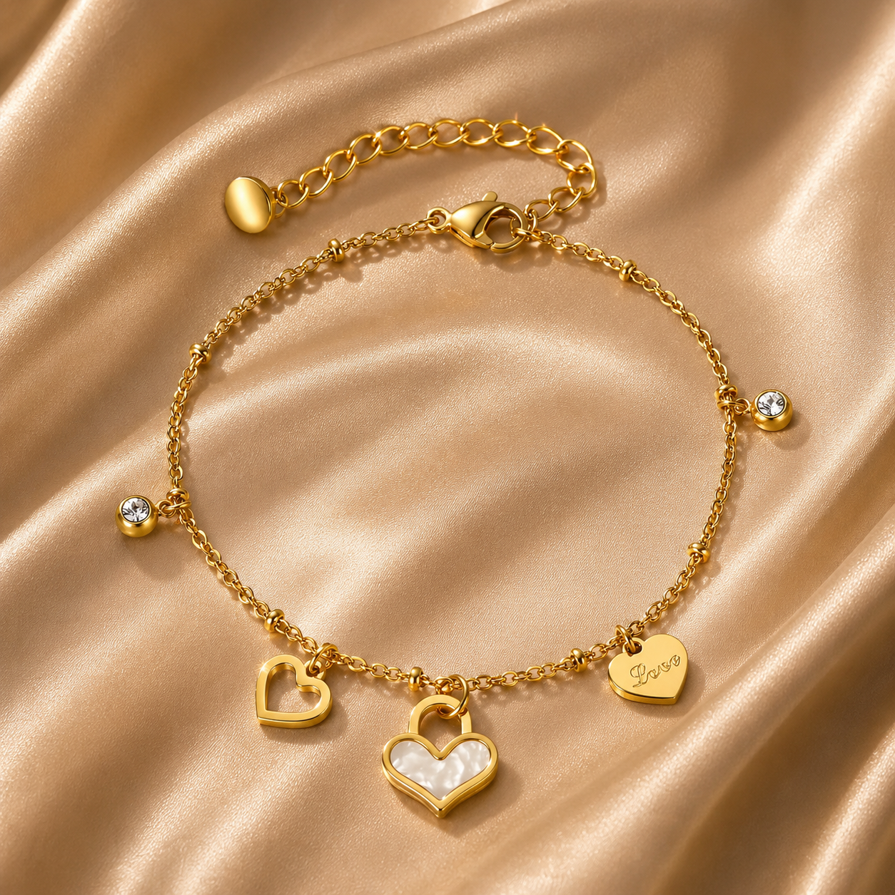 Hearts Charm Bracelet – 18K Gold Plated Stainless Steel