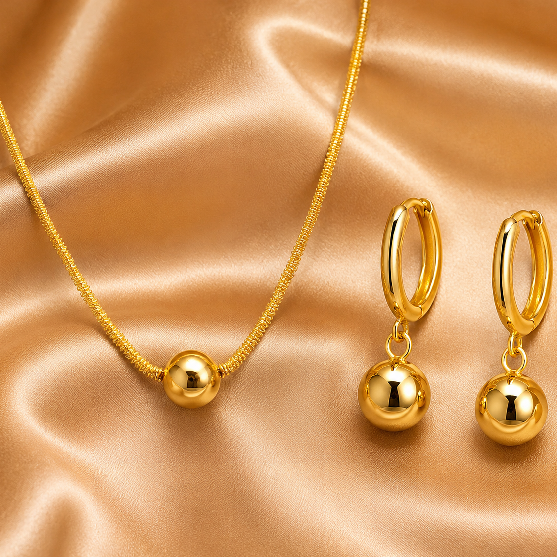 Ball Pendant Necklace Set, 18K Gold Plated Stainless Steel