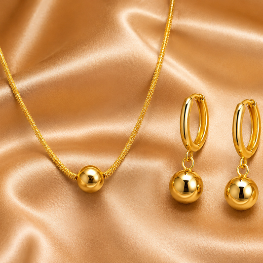 Ball Pendant Necklace Set, 18K Gold Plated Stainless Steel