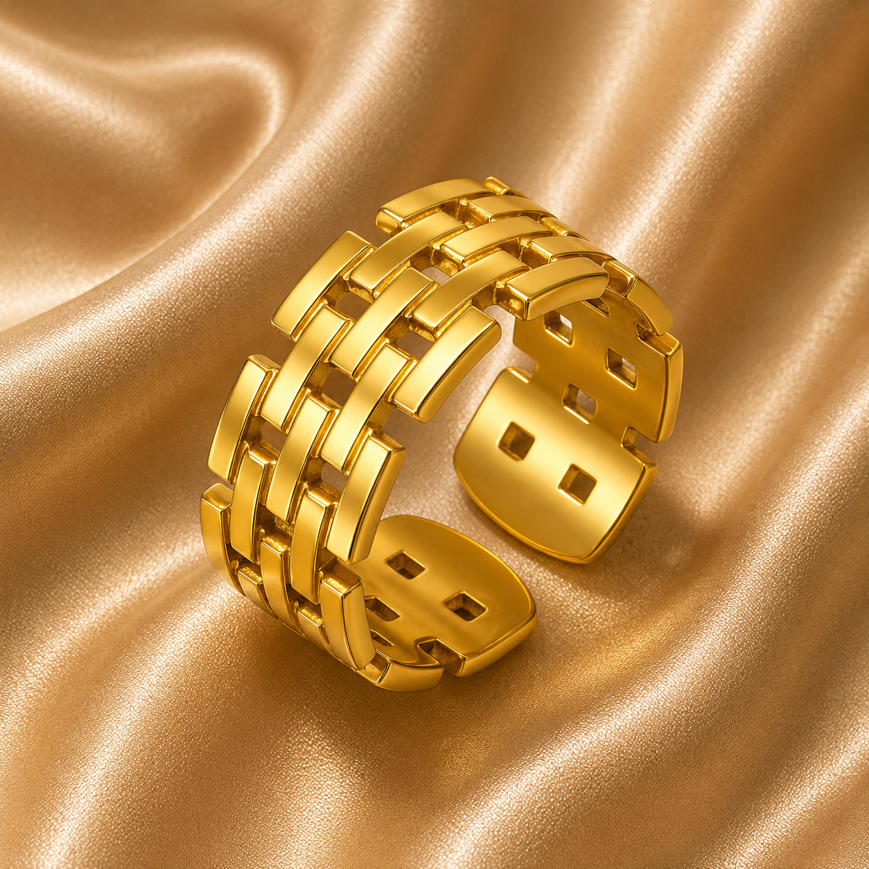 Open Weave Adjustable Ring, 18K Gold Plated Steel