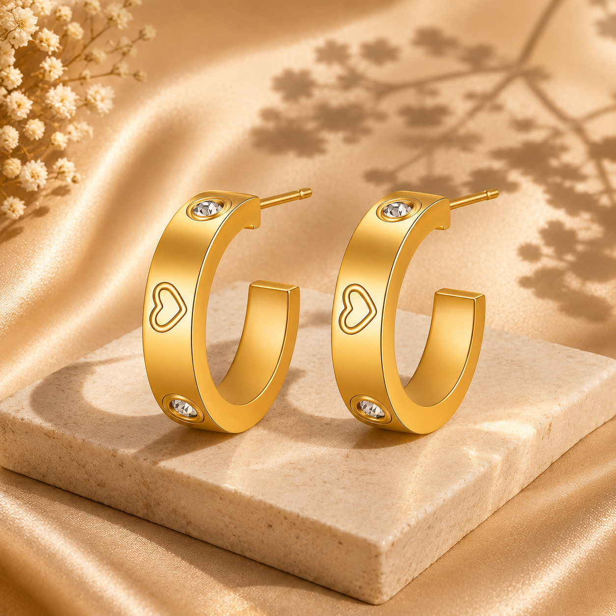 Hearts 18K Gold Plated Hoop Earrings