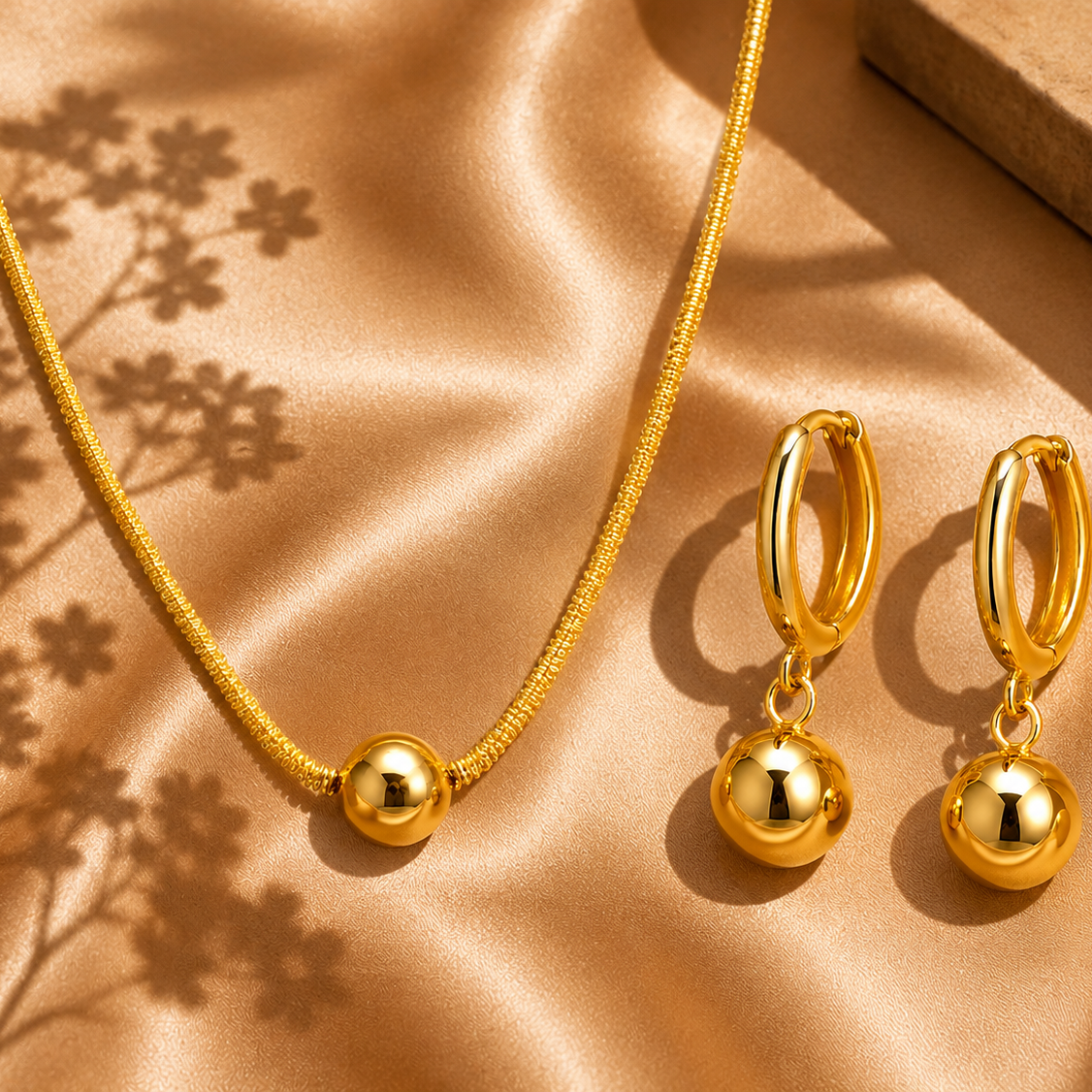 Ball Pendant Necklace Set, 18K Gold Plated Stainless Steel