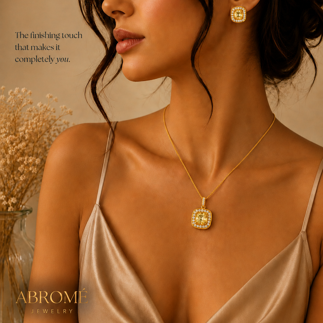 18K Gold Plated Square Pendant Necklace Set